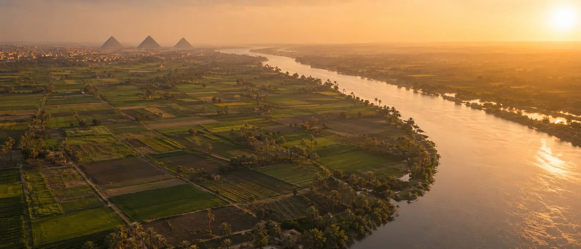 Egyptian origin represented by the Nile and agricultural landscape